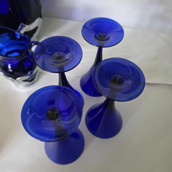 Lot Vintage Farber Bros Cobalt Blue Glass Ice Bucket, Creamer Art Deco 4 Glasses - Picture 8 of 16